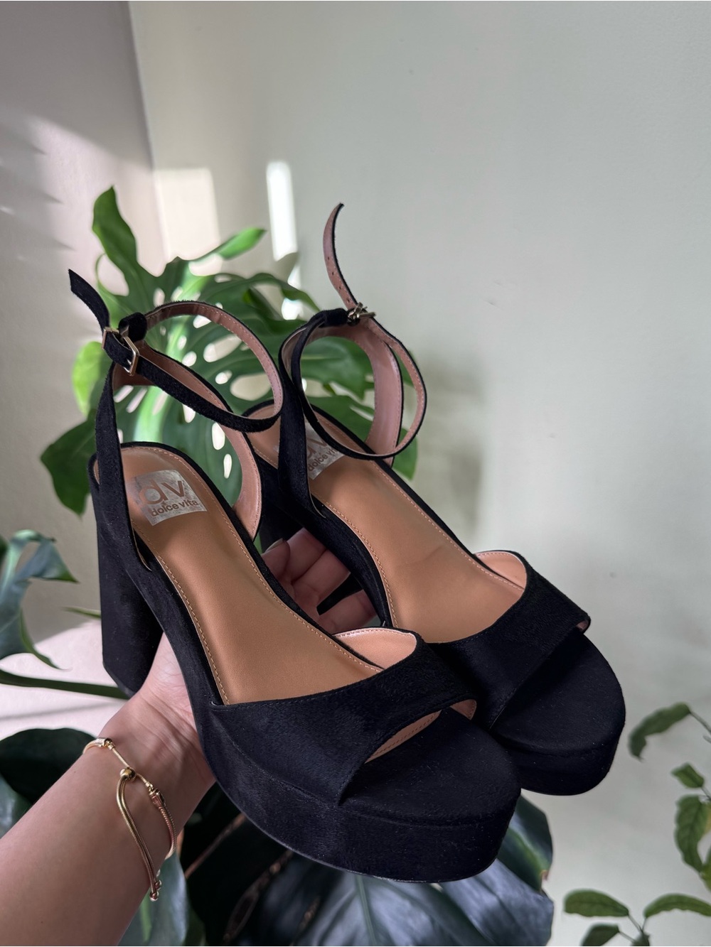 Black Platform Ankle-Strap Suede Heels - Women's Dress Sandals